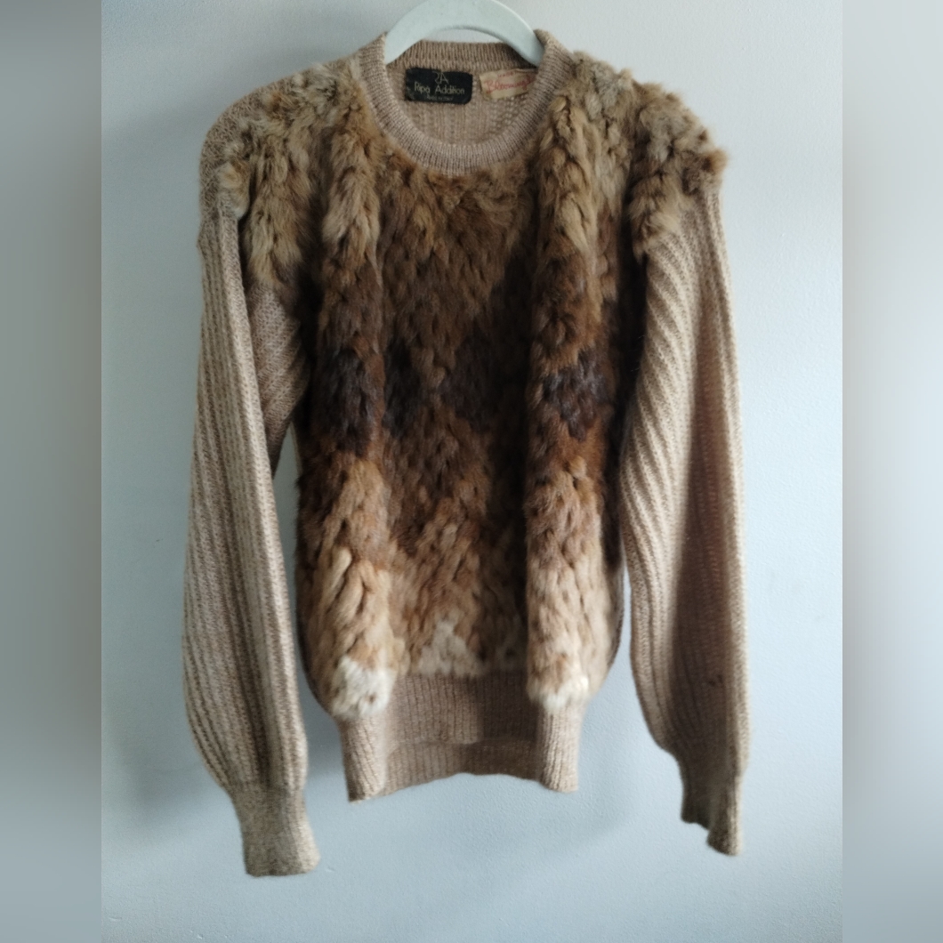 Fur Front Crew Neck Sweater In Tan